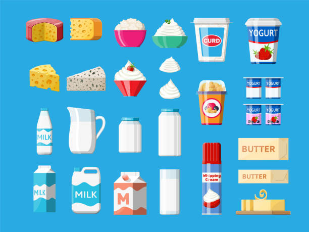 Dairy products set. Collection of milk food. Dairy products set. Collection of milk food. Milk, cheese, yogurt, butter, sour cream, cottage, cream. Tradicional farm products. Vector illustration in flat style dairy cream stock illustrations