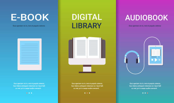 ilustrações de stock, clip art, desenhos animados e ícones de set e-book digital library audiobook concepts collection online education e-learning reading books technology flat horizontal copy space - kindle book reading digital display