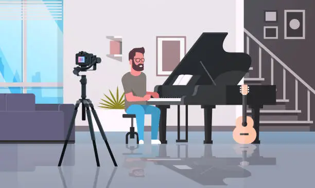 Vector illustration of guy musical blogger recording video on camera man playing classical piano music blog concept modern apartment interior full length horizontal