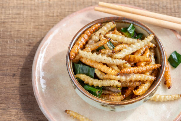 istock Bamboo edible worm insects crispy or Bamboo Caterpillar in a ceramic bowl on a wood table. The concept of protein food sources from insects. It is a good source of protein, vitamin, and fiber. 1127700248