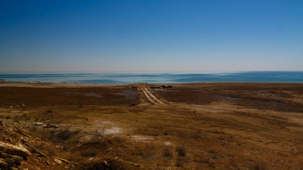 vista panorámica al mar de aral desde el borde de la meseta de ustyurt cerca del cabo de la duana en uzbekistán, karakalpakstan - tethys fotografías e imágenes de stock