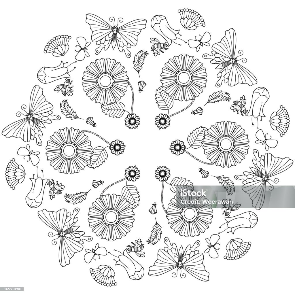 Ilustración de Flor Y La Mariposa Botánico De Mandala Blanco Y Negro Vector  Ilustración y más Vectores Libres de Derechos de Abstracto - iStock