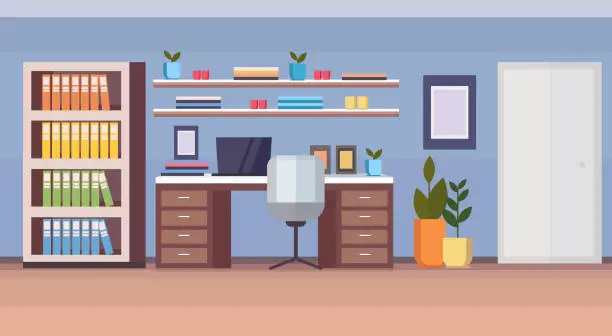 Vector illustration of modern home office workplace cabinet empty no people house living room interior freelance concept flat horizontal vector illustration