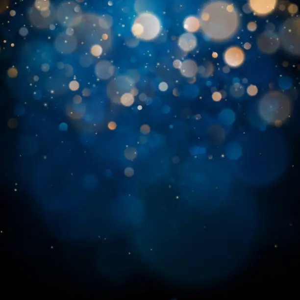 Vector illustration of Blurred bokeh light on dark blue background. Christmas and New Year holidays template. Abstract glitter defocused blinking stars and sparks. EPS 10