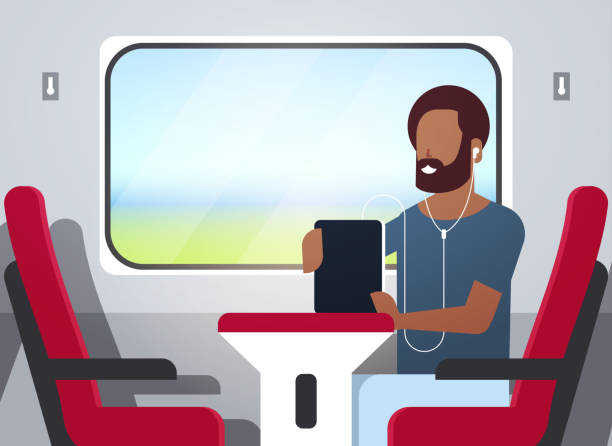 illustrazioni stock, clip art, cartoni animati e icone di tendenza di uomo treno passeggero ascolto audiolibri con cuffie ragazzo afroamericano seduto poltrona rossa ferrovia in viaggio concetto carattere maschile ritratto orizzontale - passenger train audio