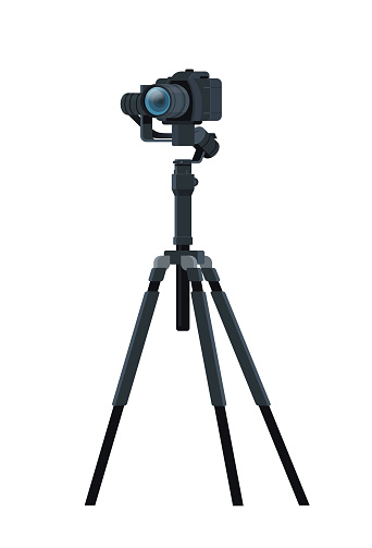professional DSLR camera on tripod stabilizer metal construction take a photo movie or video concept isolated vertical flat vector illustration