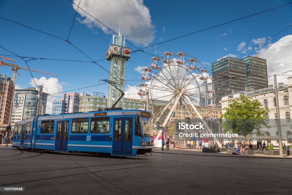 Wide angle View of Oslo City Hall and street scene in Central Oslo, Norway Oslo Stock Photo