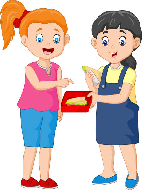 ilustrações de stock, clip art, desenhos animados e ícones de cute girl sharing sandwich with a friend - cold sandwich illustrations