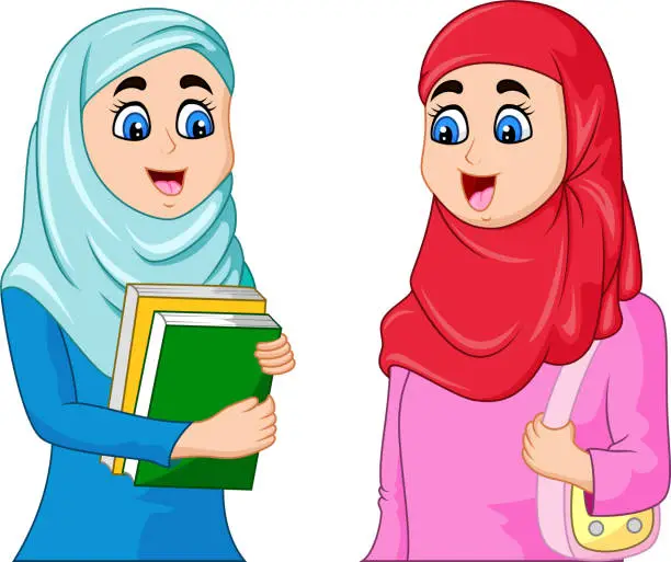 Vector illustration of Girl Muslim Student Holding a Bag and Books