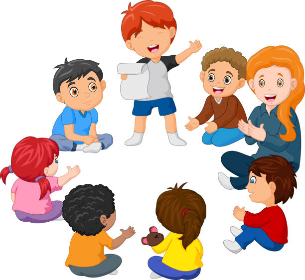 Kids Sitting in a Circle Reading a Poem illustration of Kids Sitting in a Circle Reading a Poem kids reading clipart stock illustrations