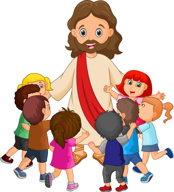 ilustraciones, imágenes clip art, dibujos animados e iconos de stock de jesús cristo rodeado por los niños de dibujos animados - christ child