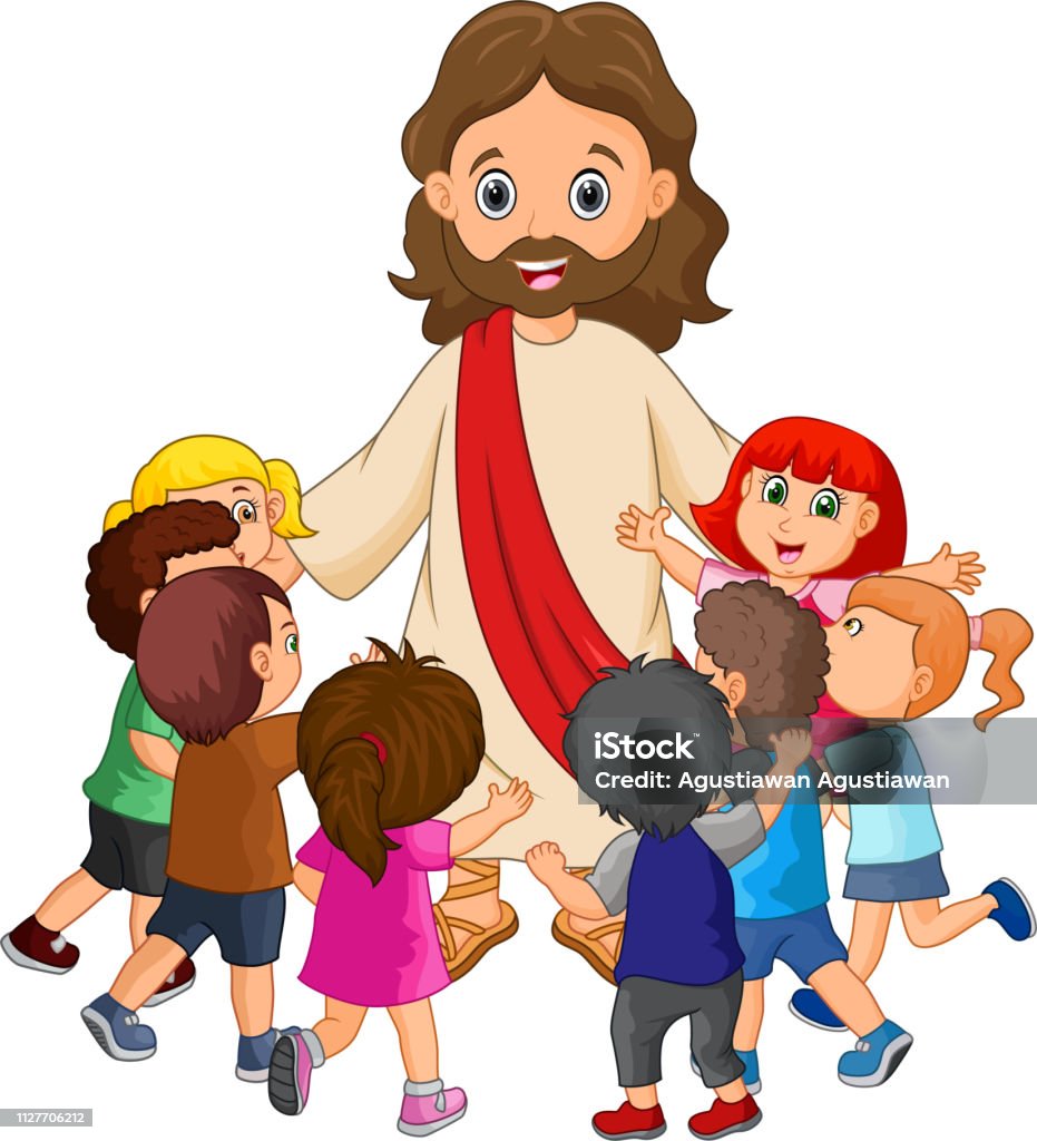 Cartoon Jesus Christ being surrounded by children illustration of Cartoon Jesus Christ being surrounded by children Jesus Christ stock vector