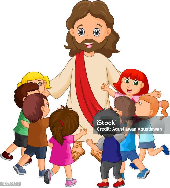 Cartoon Jesus Christ Being Surrounded By Children Stock Illustration - Download Image Now - Jesus Christ, Child, Cartoon