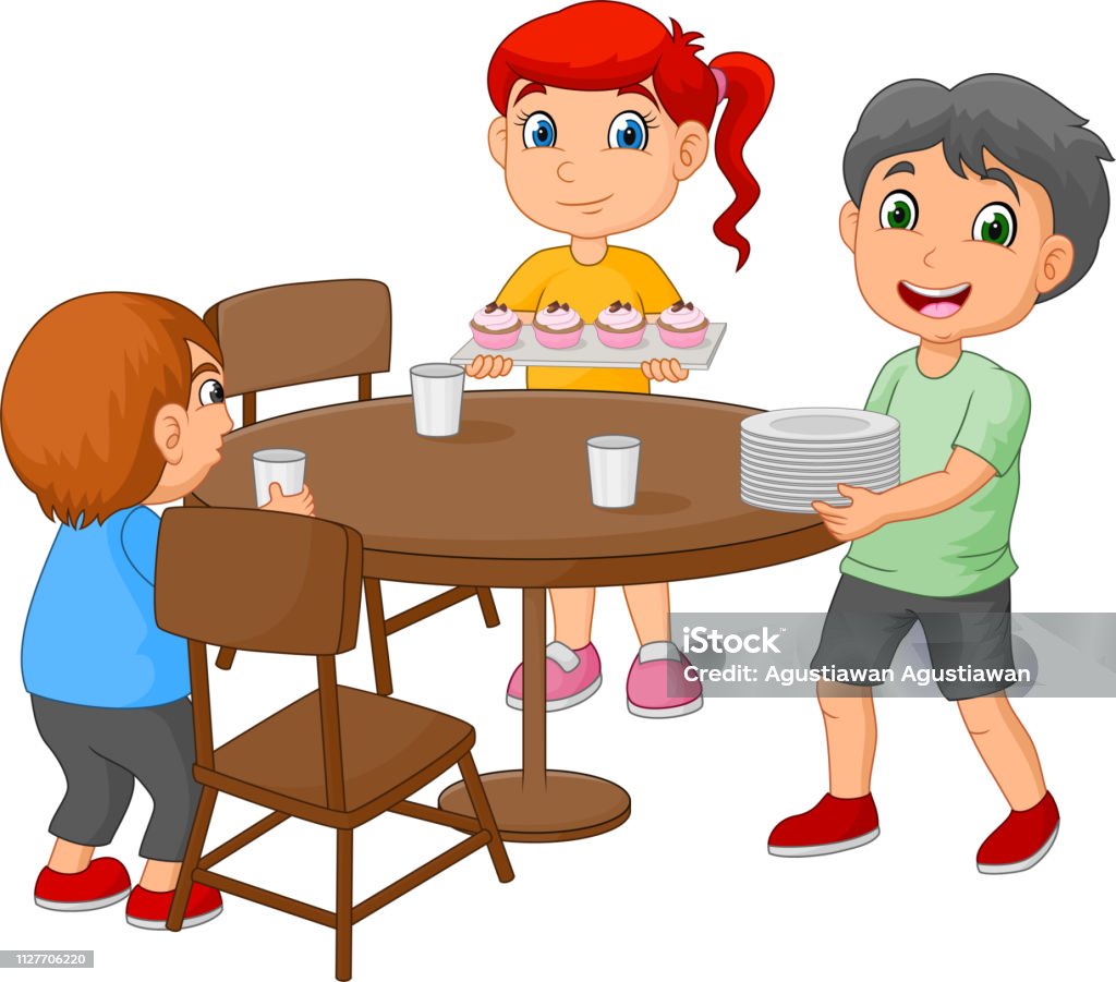 Ilustración de Niños De Dibujos Animados Poniendo La Mesa De Comedor  Mediante La Colocación De Vidrios Y Alimentos y más Vectores Libres de  Derechos de Mesa - Mueble - iStock