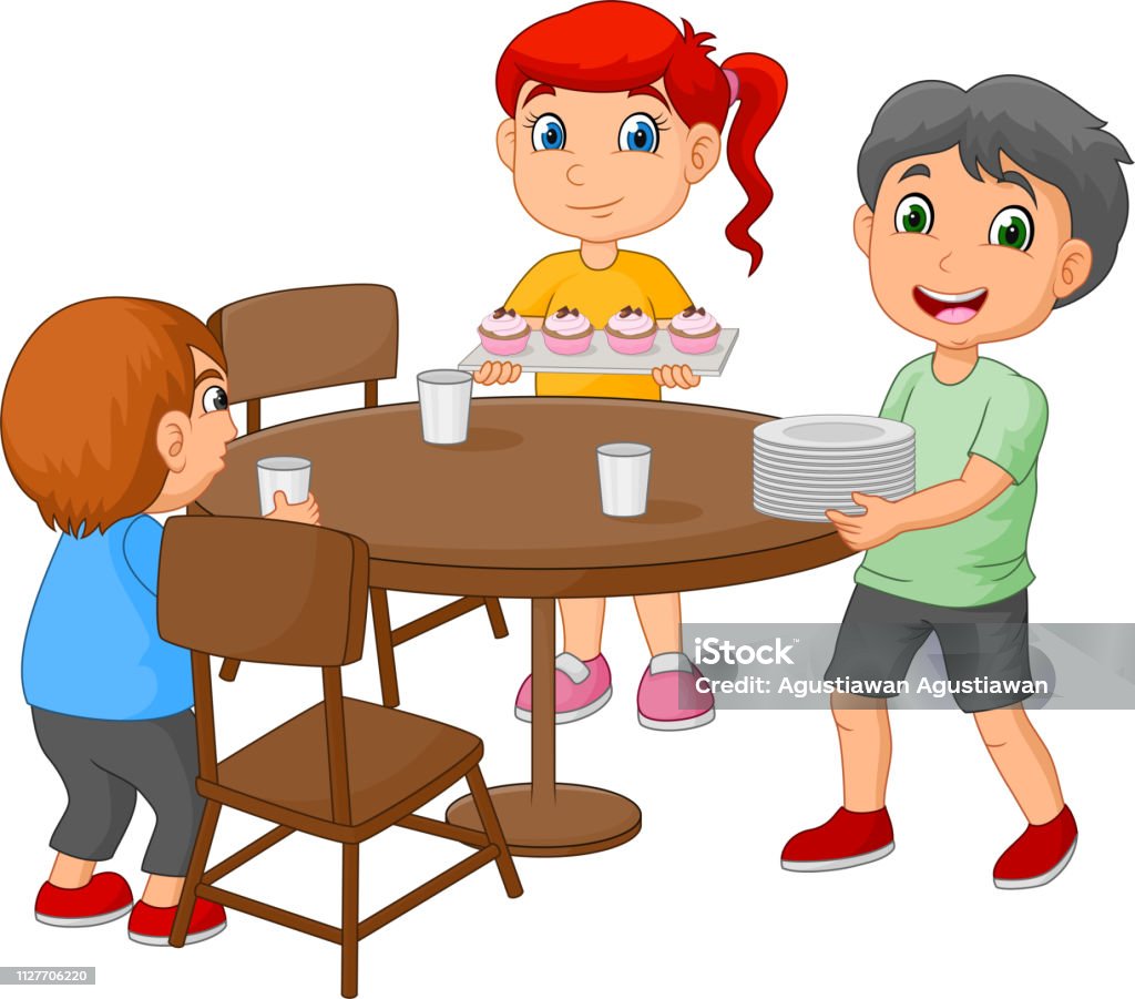 Ilustración de Niños De Dibujos Animados Poniendo La Mesa De Comedor Mediante La Colocación De Vidrios Y Alimentos y más Vectores Libres de Derechos de Mesa - Mueble - iStock Ilustración de Niños De Dibujos Animados Poniendo La Mesa De Comedor Mediante La Colocación De Vidrios Y Alimentos y más Vectores Libres de Derechos de Mesa - Mueble - iStock