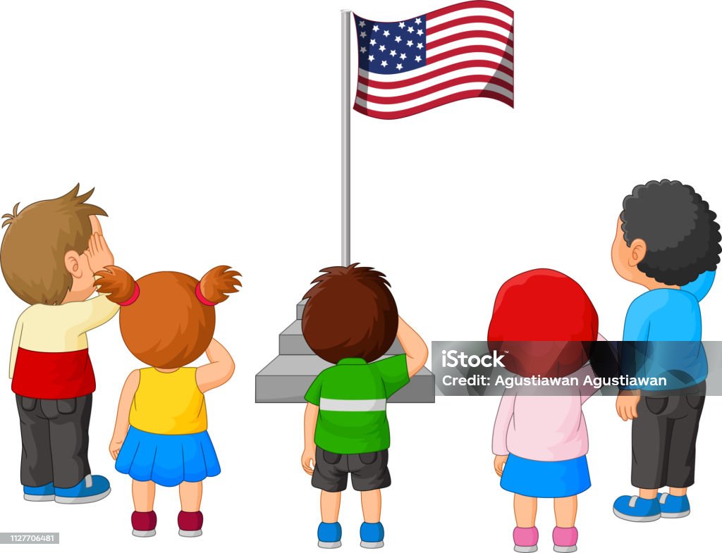 Ilustración de Dibujos Animados Los Niños Saludando A La Bandera Americana  y más Vectores Libres de Derechos de Niño - iStock