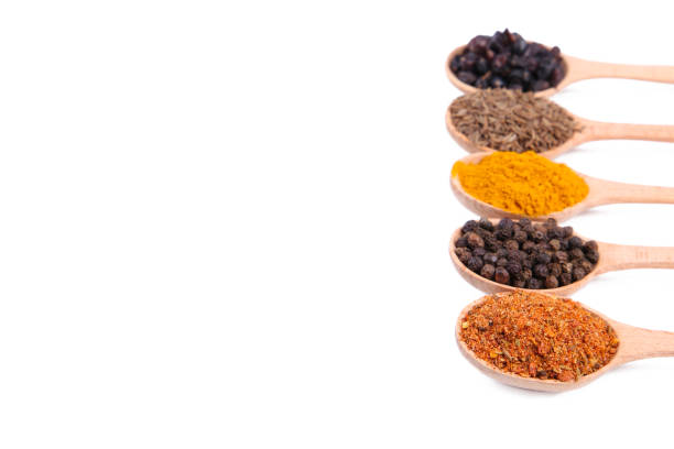 istock Spices mix on wooden spoons isolayed on a white background. Top view 1127706581