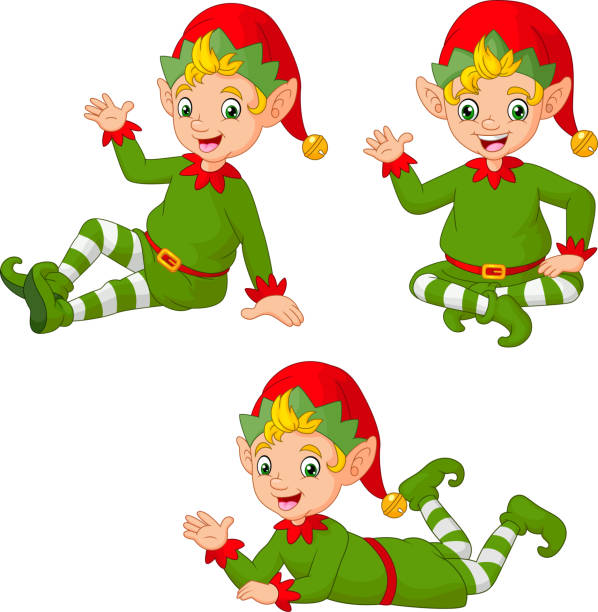 Cartoon Christmas elves in different poses illustration of Cartoon Christmas elves in different poses elf sitting stock illustrations