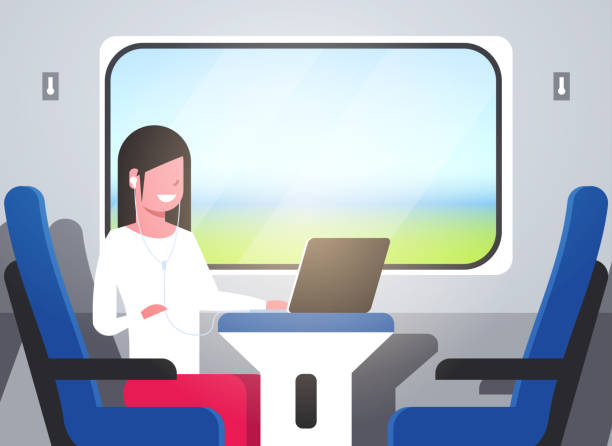 illustrazioni stock, clip art, cartoni animati e icone di tendenza di donna treno passeggero ascolto audiolibri con cuffie turista ragazza seduta poltrona blu ferrovia in viaggio concetto carattere femminile ritratto orizzontale - passenger train audio