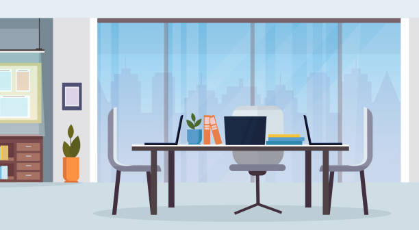 ilustraciones, imágenes clip art, dibujos animados e iconos de stock de oficina lugar de trabajo interior escritorio creativo co centro no vaciar ningún espacio de trabajo de personas horizontal - modern office
