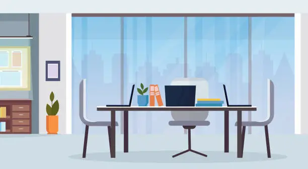 Vector illustration of modern office interior workplace desk creative co-working center empty no people workspace flat horizontal