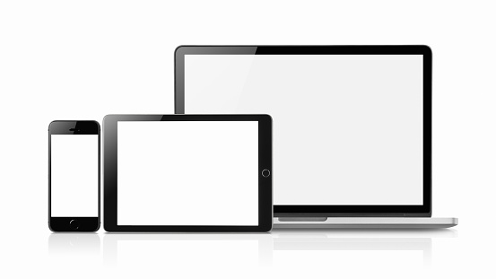 Laptop, Smartphone and tablet mockup with blank screen isolated on white background, Concept mockup. Copyspace for text.