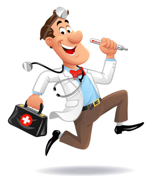 Running Doctor Vector illustration of a running doctor with a clinical thermometer, a stehoscope and a doctor's bag, looking at the camera, isolated on white. doctors bag stock illustrations