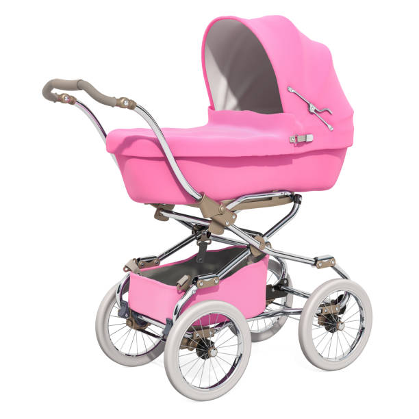 istock Pink baby pram or stroller, 3D rendering isolated on white background 1127713782