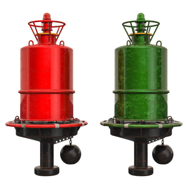Red and green navigational buoys, 3D rendering isolated on white background