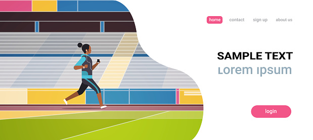 fitness woman running stadium track african girl listening to music with headphones on smartphone healthy lifestyle concept tribunes background full length copy space horizontal vector illustration