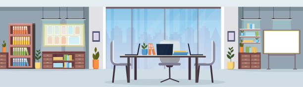 illustrazioni stock, clip art, cartoni animati e icone di tendenza di moderno ufficio ufficio ufficio ufficio ufficio scrivania creativa centro di co-working vuoto senza persone spazio di lavoro flat banner orizzontale - domestic room elegance window abstract