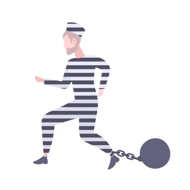 Vector illustration of prisoner man chained with stone ball criminal in uniform arrest tribunal imprisonment concept male cartoon character full length flat isolated