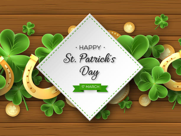 ilustrações, clipart, desenhos animados e ícones de st. patricks day saudação projeto de férias. - cards symbol clover horse