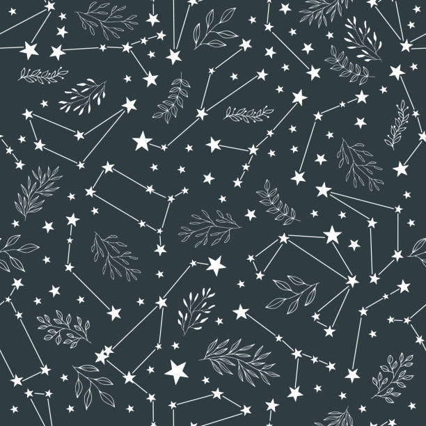 ilustraciones, imágenes clip art, dibujos animados e iconos de stock de patrón transparente con estrellas fugaces, hojas, hierbas y signos del zodiaco. - star trail galaxy pattern star