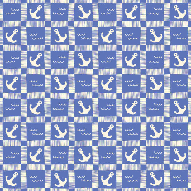 illustrations, cliparts, dessins animés et icônes de hand-drawn monochrome nautique plaid avec les ancres et les ondes vectorielles seamless pattern. fond marin bleu - vibrant color pattern small transportation