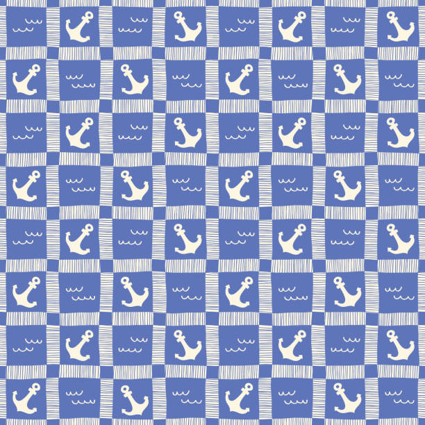 illustrazioni stock, clip art, cartoni animati e icone di tendenza di plaid nautico monocromatico disegnato a mano con ancoraggi e onde vector seamless pattern. sfondo marino blu - nautical vessel wave pattern old fashioned summer