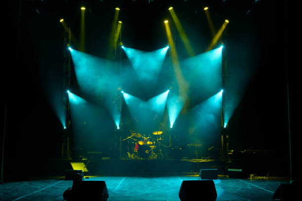 istock The light of searchlights in smoke on stage. 1127718374