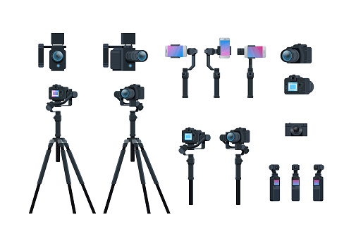 set professional camera equipment motorized gimbal stabilizer tripod metal construction take a photo movie or video concept isolated collection horizontal flat vector illustration