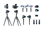 set professional camera equipment motorized gimbal stabilizer tripod metal construction take a photo movie or video concept isolated collection horizontal flat