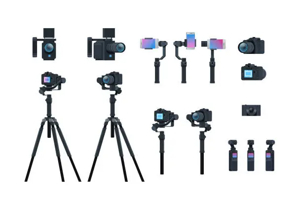 Vector illustration of set professional camera equipment motorized gimbal stabilizer tripod metal construction take a photo movie or video concept isolated collection horizontal flat