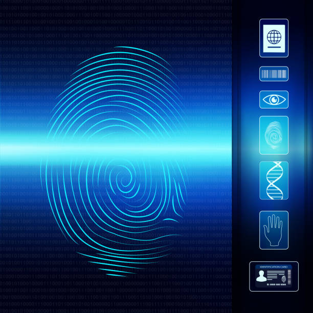 biometrischen elektronisches system für die identifizierung der individuellen identität. fingerabdruckscan. ikonen-id-auge-barcode-dna-pass - individuality identity computer graphic forensic science stock-grafiken, -clipart, -cartoons und -symbole