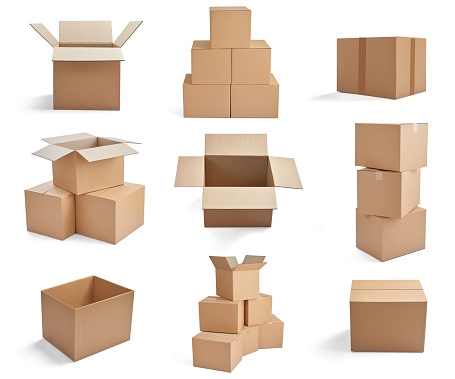 collection of  various stacks of cardboard boxes on white background