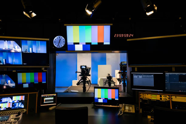 TV And Video Equipment At University An array of tv and video equipment in a university studio for students to learn with. control room photos stock pictures, royalty-free photos & images