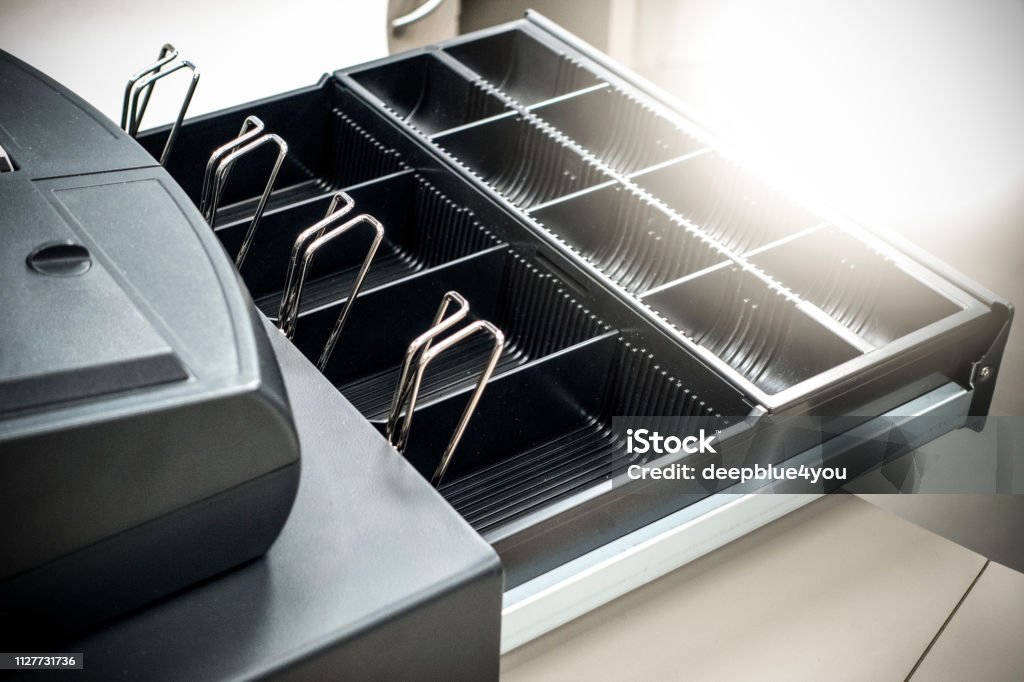 Empty, open cash register empty, open cash register Stealing - Crime Stock Photo