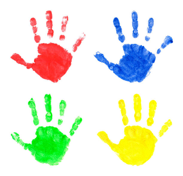 istock Set of multi-colored prints of children's palms. The prints are made with finger paints. Illustration. 1127733479