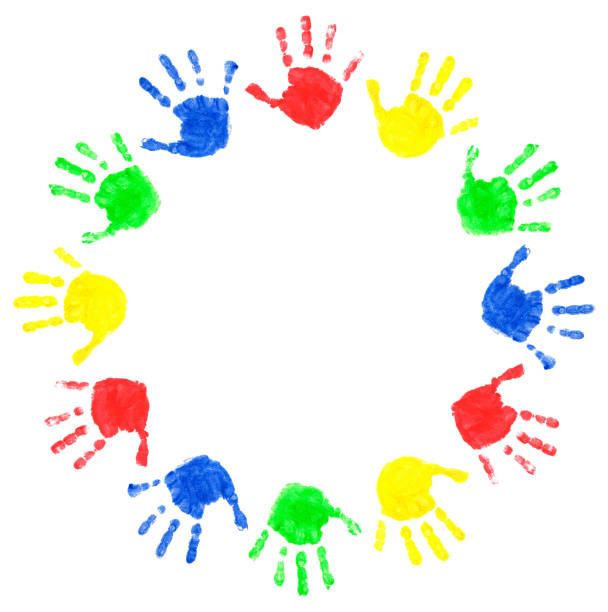 istock Circle from multi-colored prints of children's palms. The prints are made with finger paints. Illustration. 1127733486