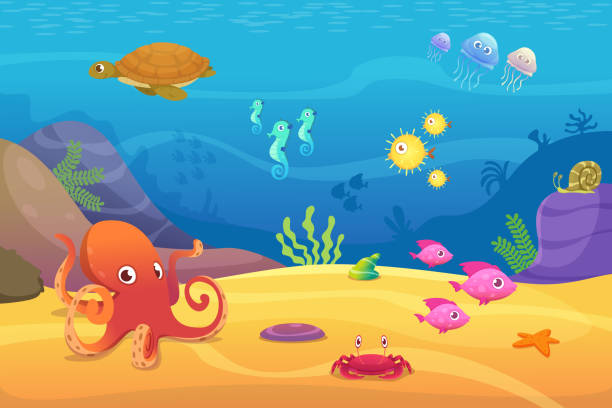 illustrazioni stock, clip art, cartoni animati e icone di tendenza di vita sottomarina. acquario cartone animato pesce oceano e animali marini sfondo vettoriale - echinoderm