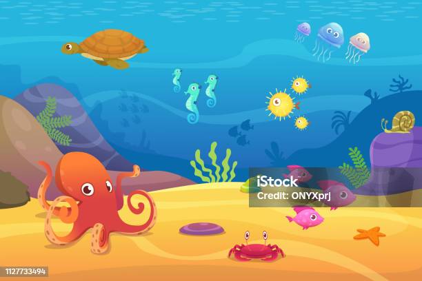 Underwater Life Aquarium Cartoon Fish Ocean And Sea Animals Vector  Background Stock Illustration - Download Image Now - iStock