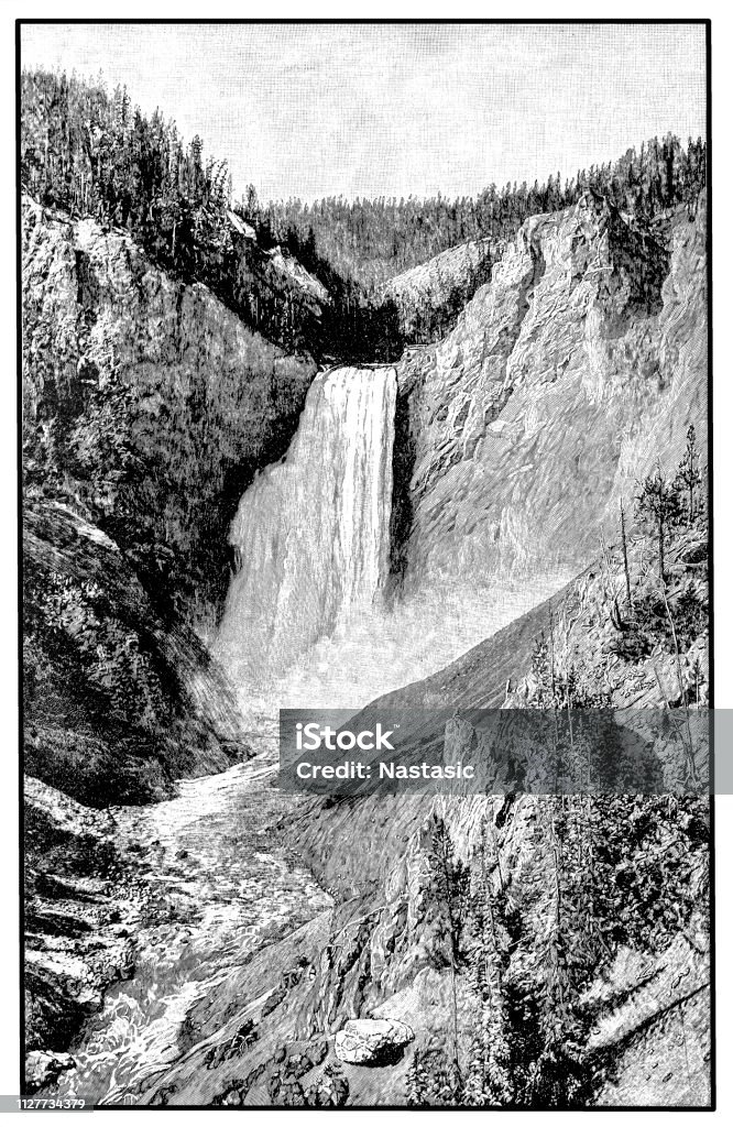 The Yellowstone Fall in North America Illustration of the Yellowstone Fall in North America 19th Century stock illustration