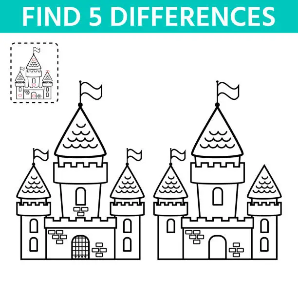 Vector illustration of Activity page for kids. Find the difference the two castle.